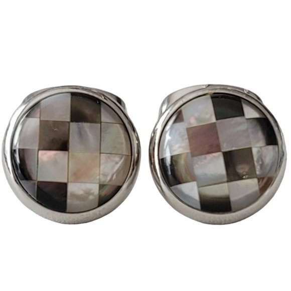 Egara Checker Shell Inlay Silver Tone Cufflinks, Signed E226 - Picture 2 of 9